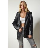  Women's Black Hooded Pocket Faux Leather Coat | Eponuda.ba