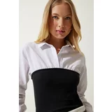Happiness İstanbul Women's White Black Polo Collar Color Block Shirt