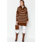 Trendyol Brown Striped Collar Zippered Knitwear Sweater Cene