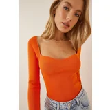 Happiness İstanbul Women's Orange Heart Collar Corduroy Knitwear Sweater