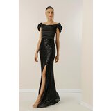 By Saygı Madonna Neck Low Sleeve Front Draped Astered Top Satin Bottom Sequined Long Dress | shoptok.hr