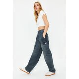 Trendyol Blue Cargo Pocket High Waist Skater Jeans Cene