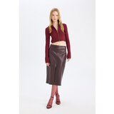 Defacto High Waist Combed Cotton Lined Slit Midi Faux Leather Burgundy Pencil Skirt | Eponuda.ba