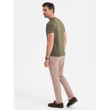 Ombre Men's T-shirt with button neckline and suede trim - dark olive | Shoptok.si