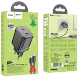 hoco. zidni punjač 2 x Type-C + kabel Type-C do Type-C PD QC 45W GaN N42 crni | shoptok.hr