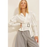 Trend Alaçatı Stili Women's White V-Neck Princess Crepe Blouse with Belt Detail on the waist and waist Cene