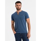 Ombre Men's T-shirt with button neckline and suede trim - dark blue | ePonuda.com