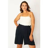 Şans Women's Black Large Size Woven Viscose Fabric Shorts with Elastic Waist Pockets
