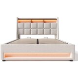 Lumor Postelja s predalom iz lana 160x200 cm z LED in USB priključki - letvičast okvir - bež, (22151158) | Shoptok.si