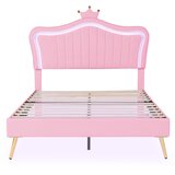 Lumor Otroška postelja iz umetnega usnja z LED - Vzglavnik v obliki krone - 140x200 cm - Roza, (22155619) | Shoptok.si