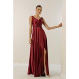 By Saygı V-Neck Thick Strap Waist Beaded Lined Wide Size Long Satin Dress | Shoptok.si