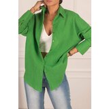 armonika Women's Green Oversize Textured Linen Look Wide Cuff Shirt Cene
