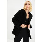 Trendyol Black Oversize Hooded Zipper Closure Plush Coat Cene