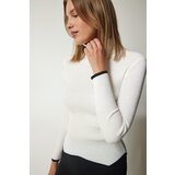  Women's Ecru Turtleneck Ribbon Detailed Corduroy Knitwear Sweater cene