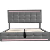 Möbrio Postelja s skrinjo za posteljnino z LED + USB priključki + lamelnim podnožjem + nastavljivim vzglavjem - 140x200 cm - siva, (21833135) | Shoptok.si