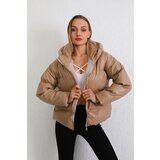BİKELİFE Women's Beige Leather Hooded Puffer Coat Cene