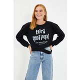 Trendyol Black Printed Basic Knitted Slim Sweatshirt Cene