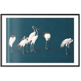  Plakat - Evening at the Pond - group of cranes drawn in dry pastel on a dark turquoise background 60x40 Crni okvir s margom | shoptok.hr