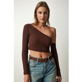 Happiness İstanbul Women's Brown Single Sleeve Ribbed Crop Knitted Blouse Cene