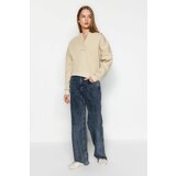 Trendyol Stone Thick Fleece Hooded Comfort-Cut Crop Knitted Sweatshirt Cene