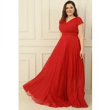 By Saygı Double Breasted Neck Lined Nail Sleeve Full Circle Flared Chiffon Tulle Plus Size Long Dress cene