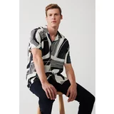 Avva Men's Beige Viscose Cuban Collar Abstract Patterned Short Sleeve Standard Fit Regular Cut Shirt