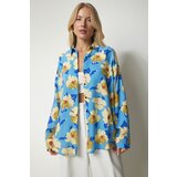  Women's Blue Yellow Patterned Oversize Flowy Viscose Shirt | Shoptok.si