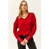 Olalook Women's Red V-Neck Button Detailed Knitwear Sweater