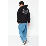 Trendyol Black Men's Oversize/Wide-Cut Hoodie Long Sleeve Text Printed Fleece Inner Cotton Sweatshirt.