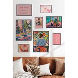 Wallxpert set od 8 manjih uramljenih slika Çgs-077, šareni enterijeri, žena u cvetnoj bašti, fotoaparat i mašne u roze tonovima, crni ram u