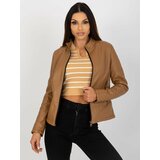 Fashion Hunters Camel women's eco-leather jacket with stand-up collar Cene