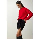 Happiness İstanbul Women's Black Slit Velvet Mini Skirt