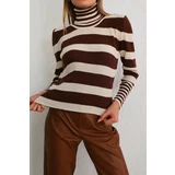 BİKELİFE Women's Brown Striped Soft Textured Lycra Basic Knitwear Sweater