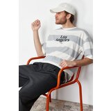 Trendyol Gray Men's Oversize Striped City Printed 100% Cotton T-Shirt Cene