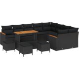 vidaXL 13-delni set vrtnega kavča z blazinami črn poli ratan akacija | Shoptok.si