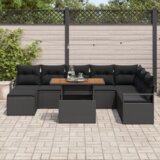 vidaXL 9 delni vrtni sofa set z blazinami črn poli ratan akacija | Shoptok.si