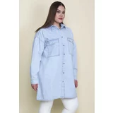 Şans Women's Plus Size Blue Loose Cut Snap Buttoned Oversize Denim Tunic Jacket
