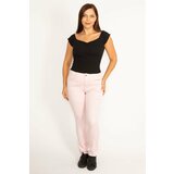 Şans Women's Plus Size Pink Lycra Gabardine Fabric Elastic Side Belt 5-Pocket Trousers Cene