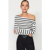 Trendyol Black and White Striped Premium Soft Fabric Fitted Boat Collar Flexible Knitted Blouse Cene