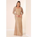 By Saygı Square Neck Lined Plus Size Long Dress with Cut Stones Cene