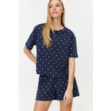 Trendyol Navy Blue 100% Cotton Heart Patterned T-shirt-Shorts Knitted Pajamas Set Cene