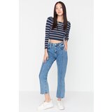Trendyol Blue Rib Detail High Waist Straight Jeans | Shoptok.si