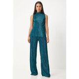 Happiness İstanbul Women's Dark Green Pleated Sleeveless Knitted Blouse Palazzo Pants Set | Eponuda.ba