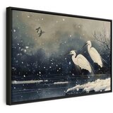  Slika - Herons over a winter pond - Japanese-style illustration in dark colours 120x80 U crnom drvenom okviru | shoptok.hr