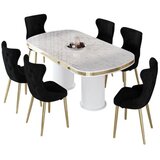 Hanah home trpezarijski set Galya, sto i 6 stolica, ploča u dekoru belog mermera, zlatne noge, crna tkanina Babyface | Eponuda.com