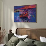  Slika - Modern impressionism - night landscape of a lake with a floating boat 60x40 U prirodnom drvenom okviru | shoptok.hr