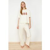 Trendyol Beige 100% Cotton Motto Printed T-shirt-Pants Knitted Pajamas Set Cene
