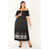 Şans Women's Plus Size Black Collar Elastic And Embroidery Detail Viscose Dress Cene