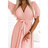 numoco basic 545-4 Long dress with pleated neckline and tie - peach color | Shoptok.si