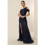 By Saygı One Side Rope Strap Waist Beaded Lined Sequin Embroidered Front Slit Long Fishtail Dress | Shoptok.si